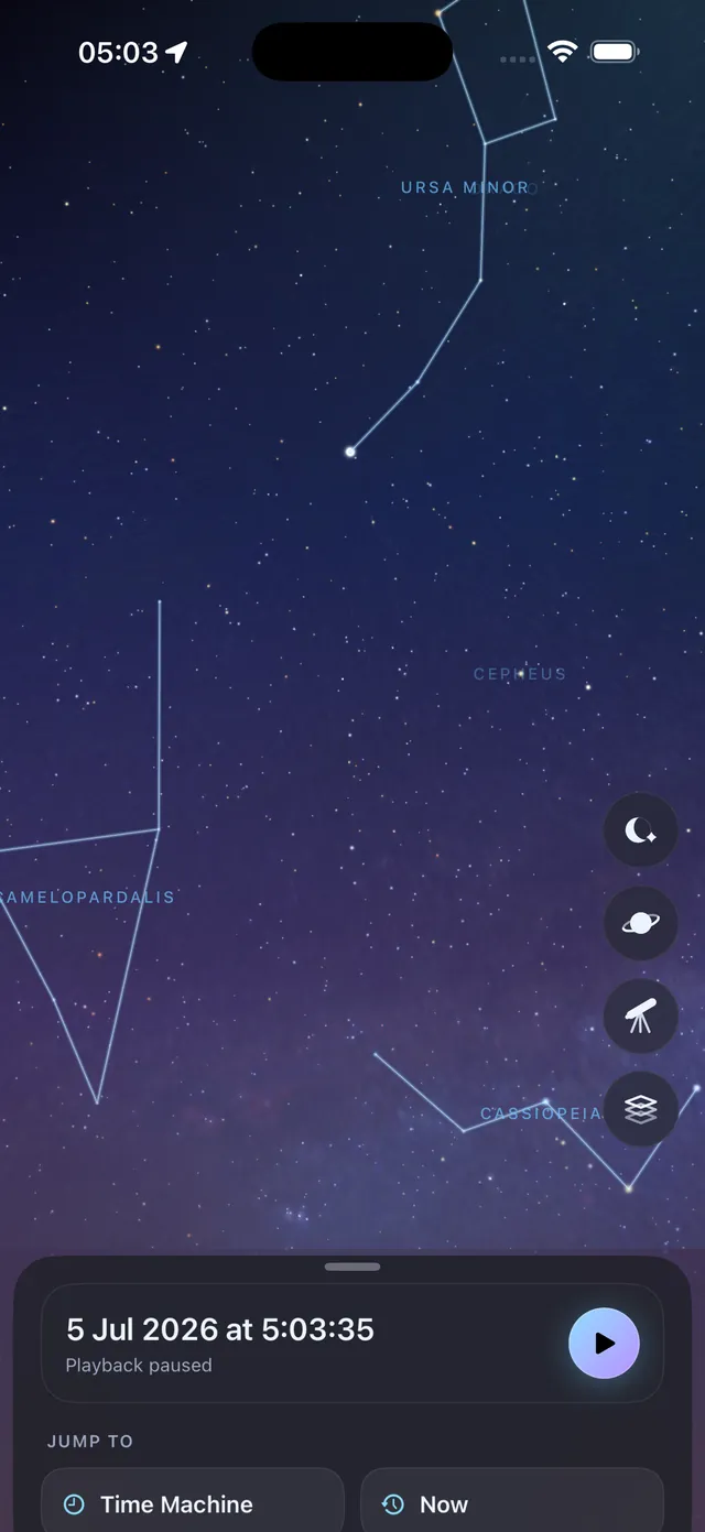 Ad Astra's live sky on iPhone: Ursa Minor, Cepheus, Camelopardalis and Cassiopeia traced over a twilight star field, with the time machine panel below