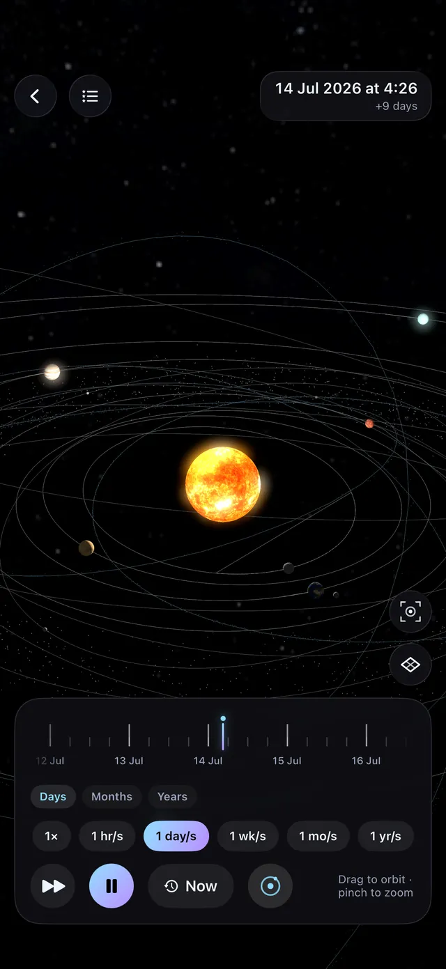Ad Astra's 3D solar system view with planetary orbits around the Sun and a timeline scrubber set to one day per second