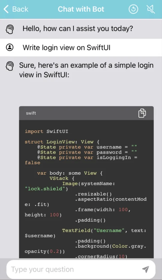 Chat with Bot screen showing a SwiftUI login view written as a highlighted code block