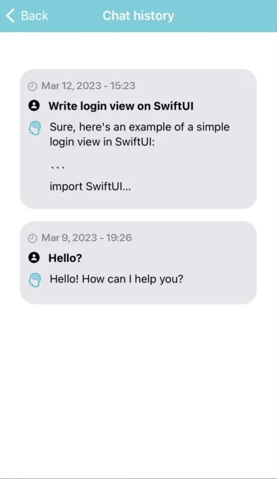 Chat history screen listing two past conversations with their dates