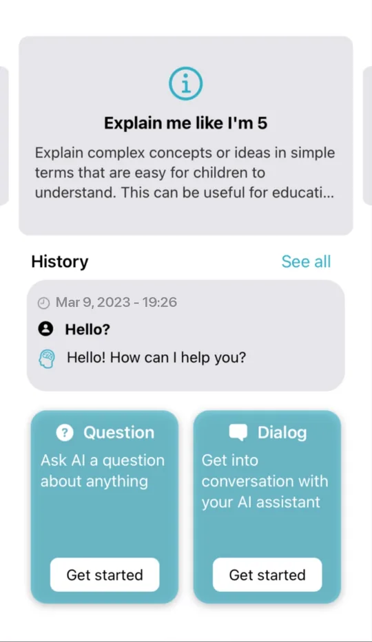 It's Chat home screen with an Explain me like I'm 5 card, recent history, and Question and Dialog buttons