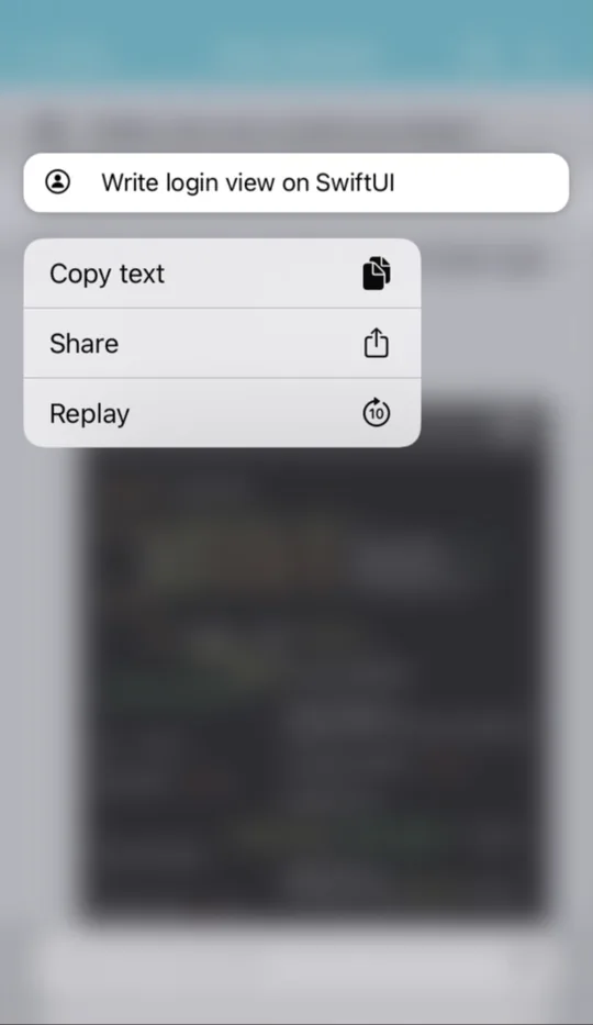 A message's menu open with Copy text, Share and Replay options