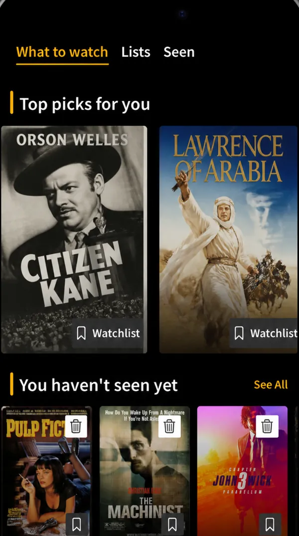 Movie Night What to watch tab with Top picks for you and You haven’t seen yet rows