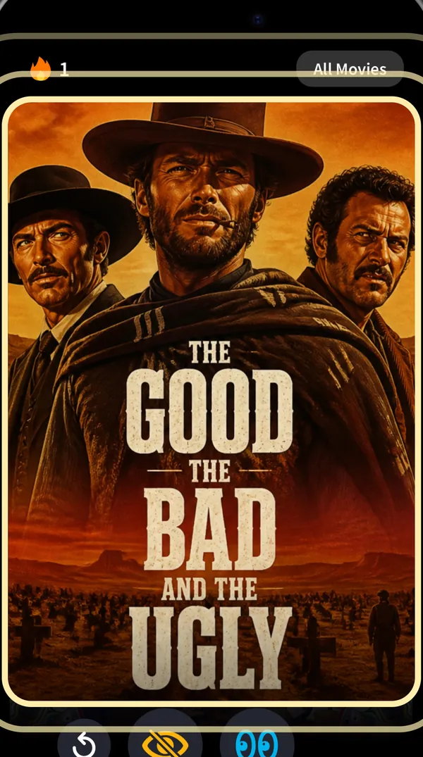 Movie Night swipe screen in the App Store screenshots, with a movie card and undo, hide and watch buttons