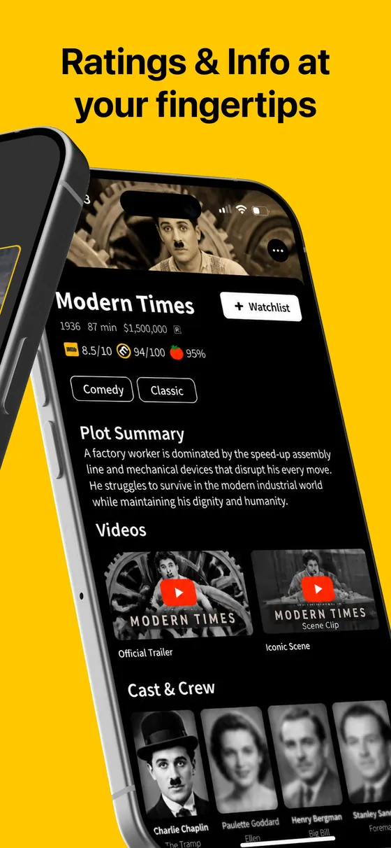 App Store screenshot titled Ratings and info at your fingertips, showing a movie page with plot summary, videos and cast