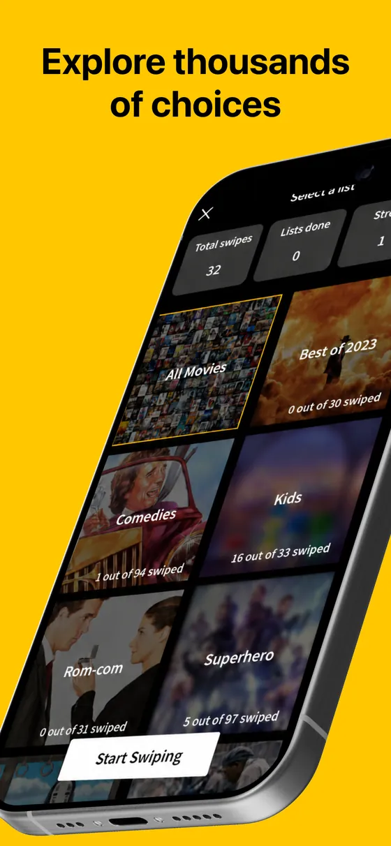 App Store screenshot titled Explore thousands of choices, showing movie lists such as Comedies, Kids, Rom-com and Superhero