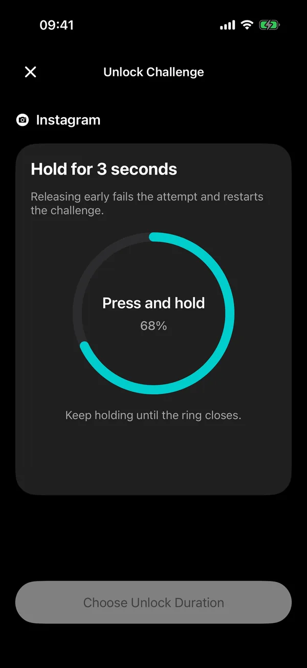 Offscroll unlock challenge for Instagram: hold for 3 seconds, with a teal progress ring at 68 percent.
