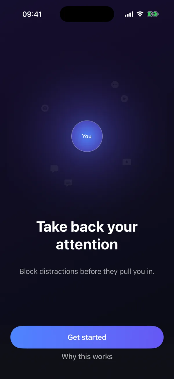 Offscroll onboarding screen: Take back your attention. Block distractions before they pull you in.