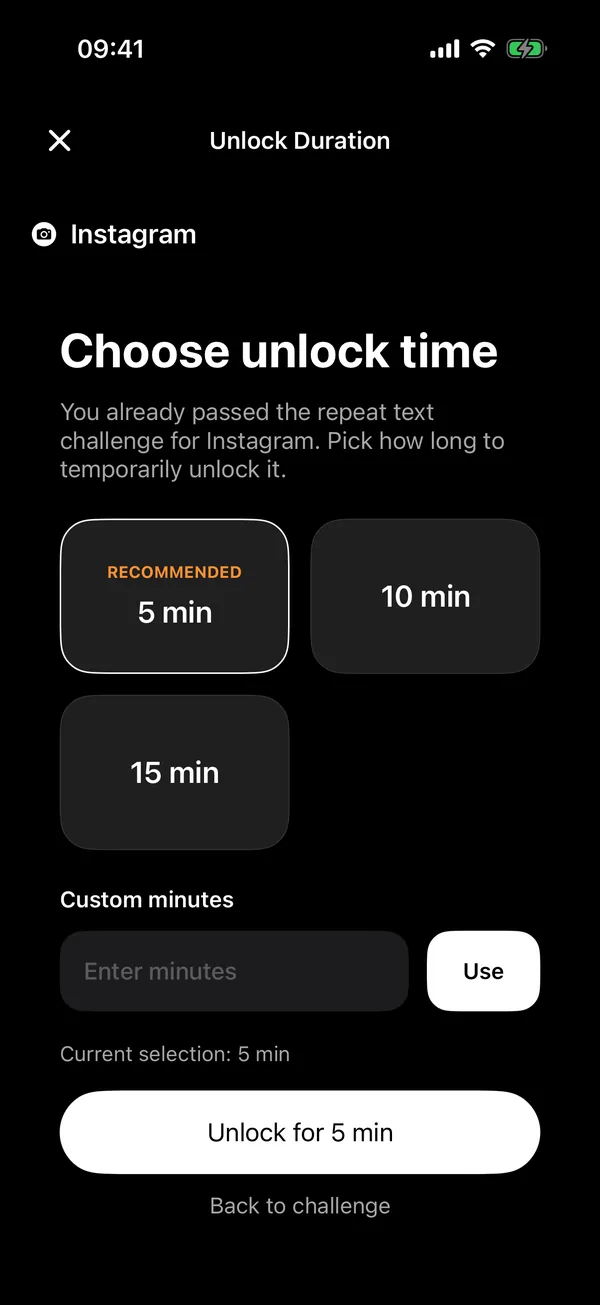 Choose unlock time screen in Offscroll with 5 minutes recommended, 10 and 15 minute options, and a custom minutes field.
