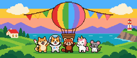 A pixel festival scene with a rainbow hot-air balloon, bunting and five animal friends.