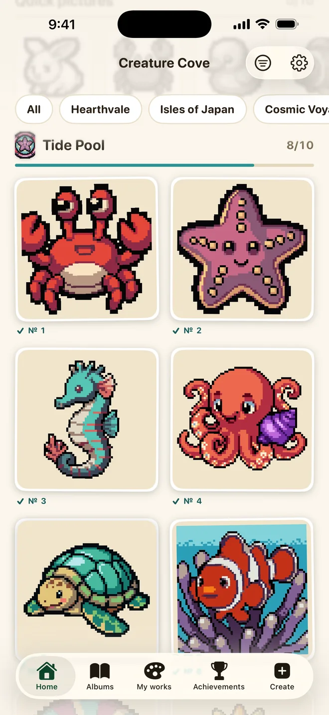 The Tide Pool sticker album with crab, starfish, seahorse, octopus, turtle and clownfish stickers.