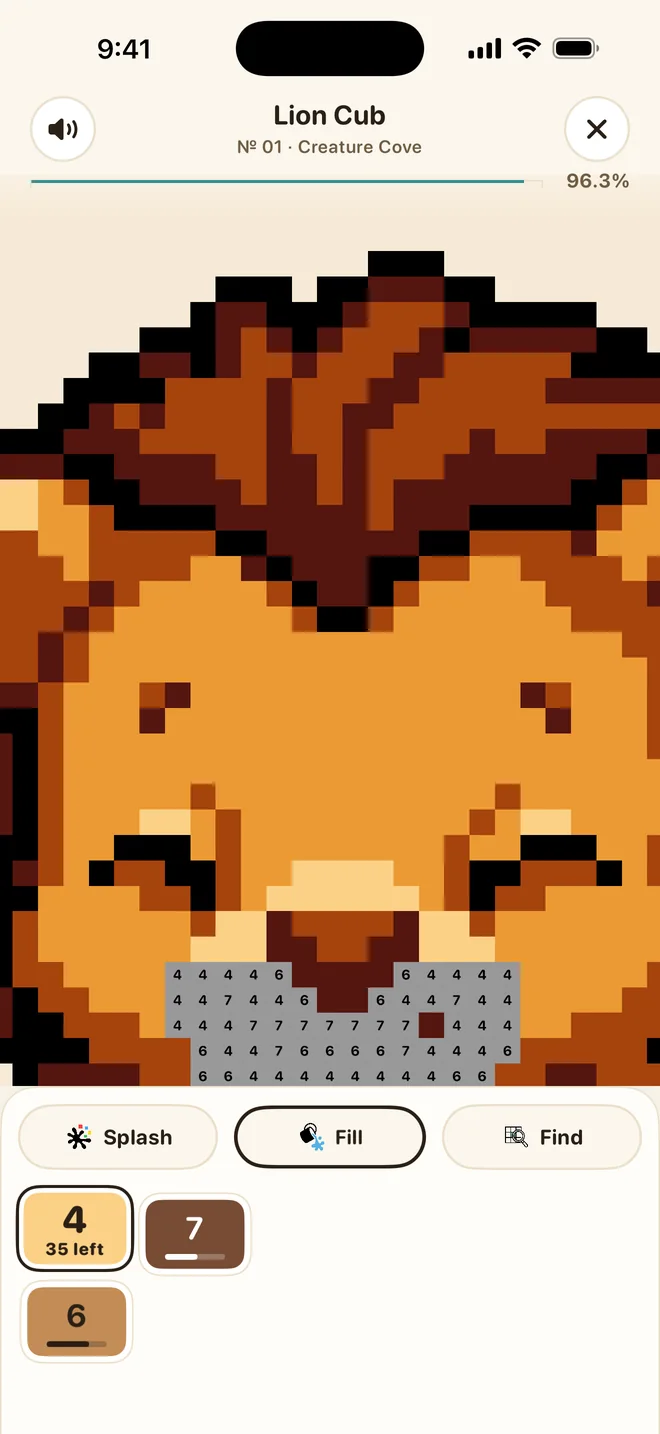 A lion cub picture with the Fill booster selected, flooding a whole area with one tap.
