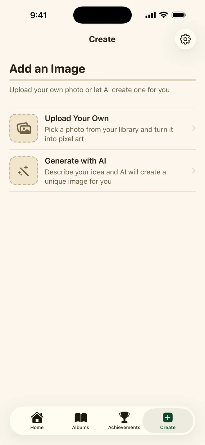 The Create screen with options to upload your own photo or generate an image with AI.