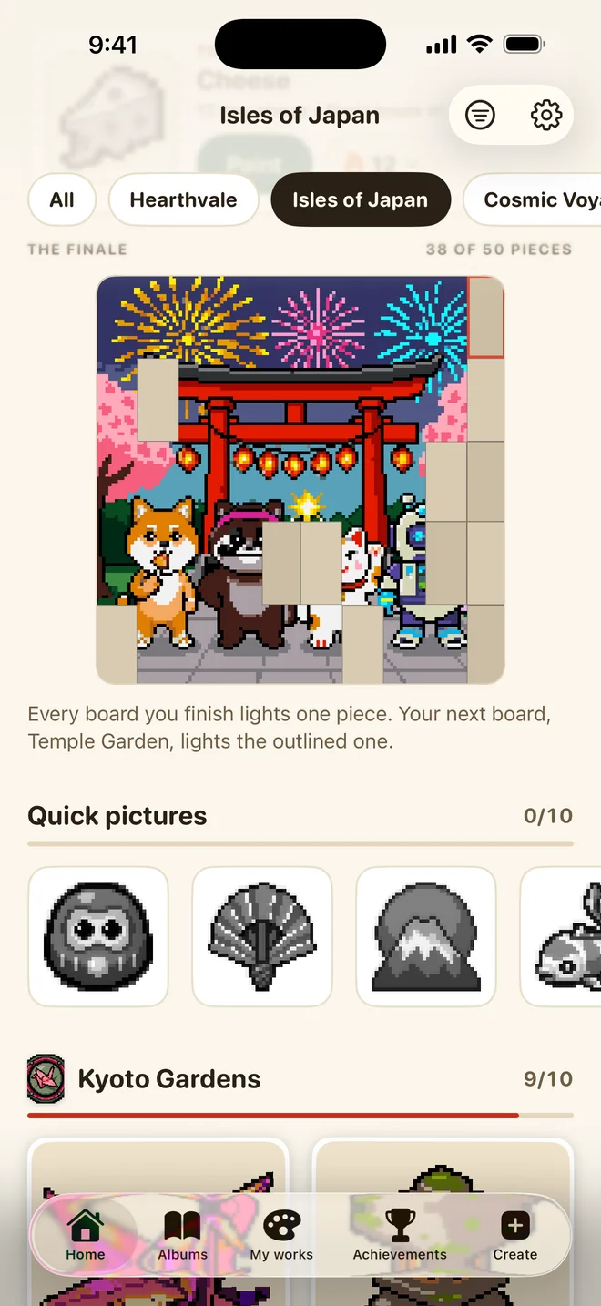 The Isles of Japan world page with its finale mural partly lit: a torii gate under fireworks.