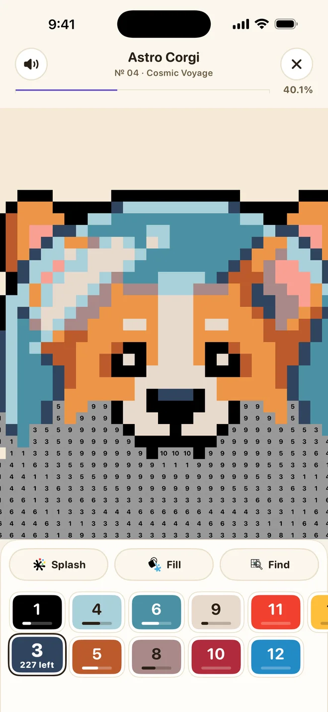 Pixel Art painting screen: an astronaut corgi half colored, grey numbered squares below, and a numbered color palette.