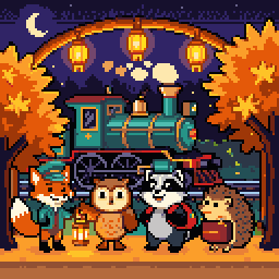 Amberwood Express finale: woodland travellers greeting a steam train at dusk.