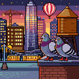 City Lights finale: pigeons on a rooftop above a sunset skyline.