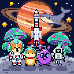 Cosmic Voyage finale: a rocket and four space explorers under a ringed planet.