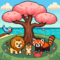 Creature Cove finale: animals gathered under a pink blossom tree by the sea.