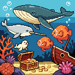 Deep Blue finale: a whale, narwhal, seal and fish over a sunken ship and treasure.