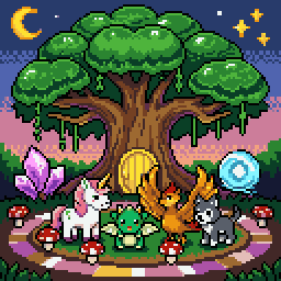 Faewilds finale: a unicorn foal, dragon hatchling and phoenix chick beneath the great Worldtree.