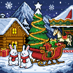 Frostfall finale: a festive fir tree, a sleigh full of gifts and polar hares in the snow.
