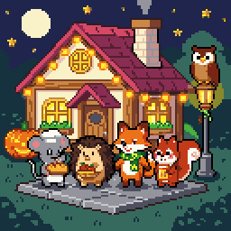 Hearthvale finale: a cozy bakery cottage at night with a mouse, hedgehog, fox and squirrel.