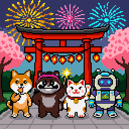 Isles of Japan finale: a torii gate under fireworks with a shiba, tanuki, lucky cat and robot.