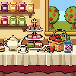The Pantry finale: a tea party table with a cake stand, teapot and fruit basket.