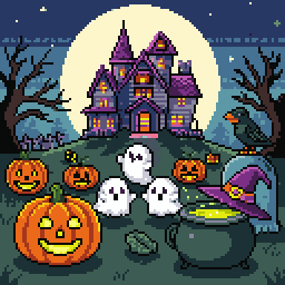 Spooky Hollow finale: friendly ghosts, a jack-o'-lantern and a haunted manor under a full moon.