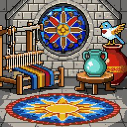 Studio Reverie finale: a rose window above a mosaic courtyard with a loom and pottery.