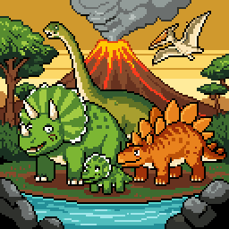 Terra Antiqua finale: friendly dinosaurs beside a volcano and a teal river.