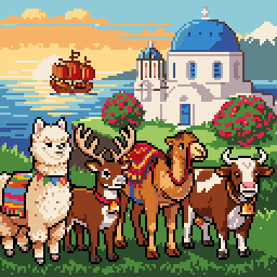 Wanderlust finale: an alpaca, reindeer, camel and cow on a hill above a blue-domed chapel.